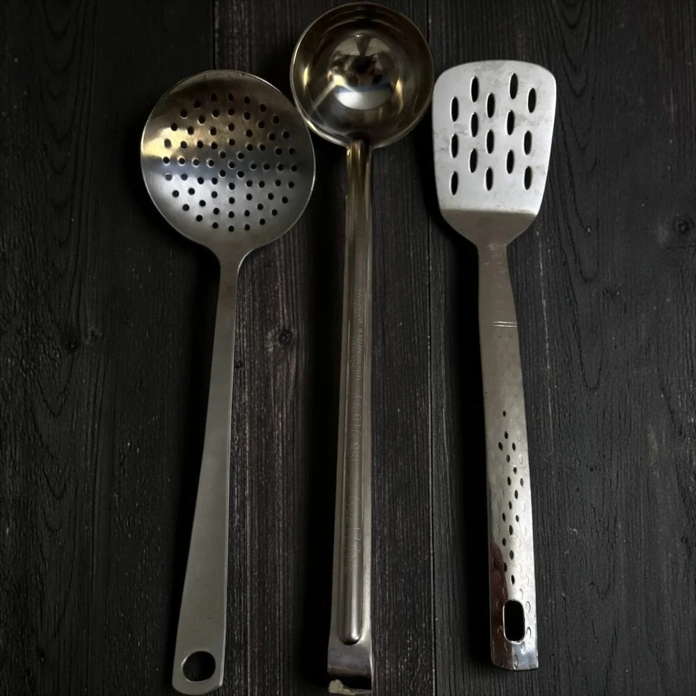 Vintage Stainless Steel Kitchen Utensil Set Ladle Skimmer Slotted Spatula 3pc
